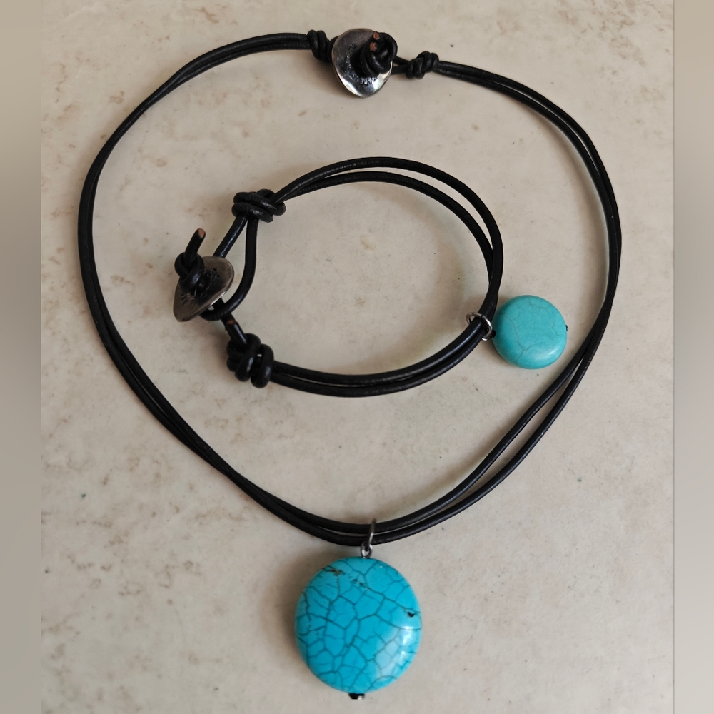 Athens Protasis Turquoise and Black Leather Cord Necklace & Bracelet Set